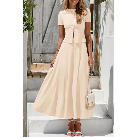 Women's 2 Piece Skirt Set Summer Knit Crop Top Flowy Maxi Casual Outfits - Picture 6 of 8